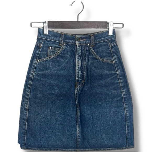 Classic Dark Blue Denim A-line High Waist Mini Skirt with Front and Back Pockets - Picture 4 of 9
